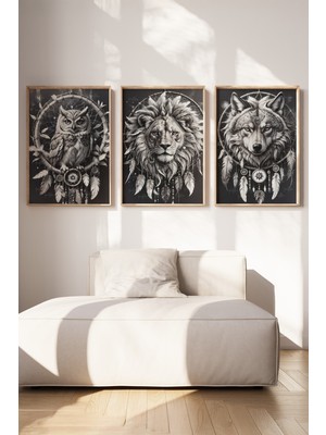 Tontilika Aslan Kurt Baykuş 3 Parçalı Ahşap Çerçeveli Tablo Seti