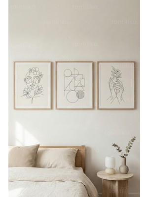 Tontilika Minimal Çizgi Sanatı 3’lü Ahşap Çerçeveli Tablo Seti - Modern Yatak Odası Dekoru