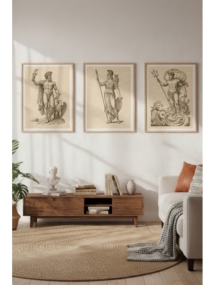 Tontilika Antik Yunan Mitolojisi 3’lü Ahşap Çerçeveli Tablo Seti - Klasik Çizim Stilinde