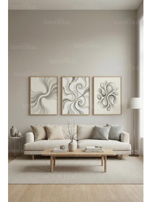 Tontilika Soyut Gri Akışlar 3’lü Ahşap Çerçeveli Tablo Seti