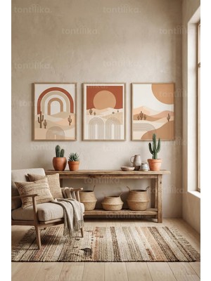 Tontilika Bohem Çöl Esintisi Soyut Desenler 3’lü Ahşap Çerçeveli Tablo Seti