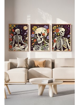 Tontilika Çiçeklerle Süslenmiş Iskeletler 3 Parçalı Ahşap Çerçeveli Tablo Seti