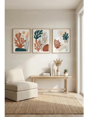 Tontilika Soyut Mercan ve Deniz Bitkileri Temalı 3’lü Ahşap Çerçeveli Tablo Seti