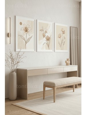 Tontilika Nötr Tonlarda Doğal Botanik Çizimler 3’lü Ahşap Çerçeveli Tablo Seti
