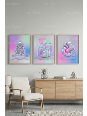 Tontilika Siber Geometrik Fütüristik Sanat 3’lü Ahşap Çerçeveli Tablo Seti