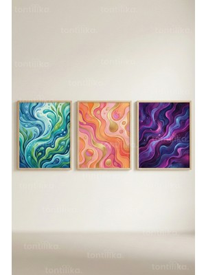 Tontilika Renkli Akışkan Formlar 3’lü Ahşap Çerçeveli Tablo Seti