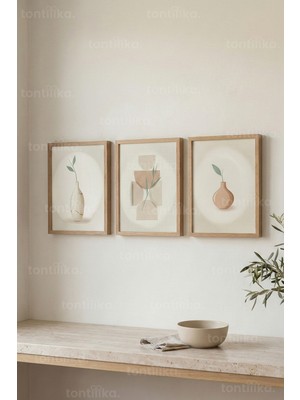 Tontilika Soft Minimal Vazo 3’lü Ahşap Çerçeveli Tablo Seti - Doğal Modern Duvar Dekoru