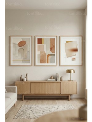 Tontilika Doğal Tonlarda Minimalist Soyut Geometrik 3’lü Ahşap Çerçeveli Tablo Seti