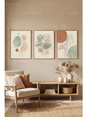 Tontilika Bohem Minimalist Kadın Figürleri ve Lotus Çiçekleri Çizgi Sanatı 3’lü Ahşap Çerçeveli Tablo Seti