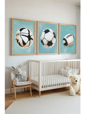 Tontilika Spor Topları Temalı 3'lü Ahşap Çerçeveli Tablo Seti