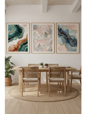 Tontilika Mermer Desenli 3’lü Ahşap Çerçeveli Tablo Seti - Yemek Odası Dekoru