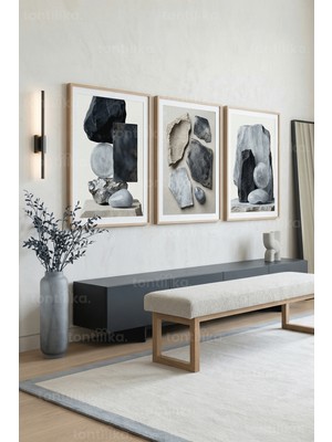 Tontilika Modern Taş Kompozisyonları 3’lü Ahşap Çerçeveli Tablo Seti