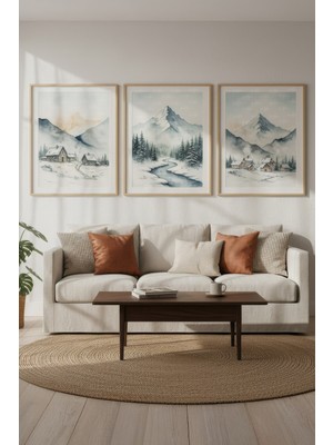 Tontilika Kış Manzarası 3’lü Ahşap Çerçeveli Tablo Seti - Salon Dekoru