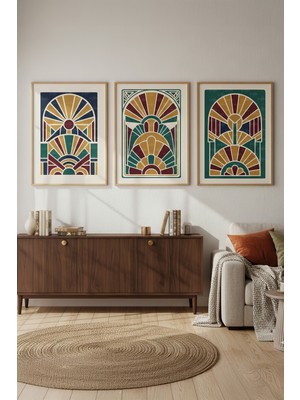 Tontilika Art Deco Geometrik Desen 3’lü Ahşap Çerçeveli Tablo Seti
