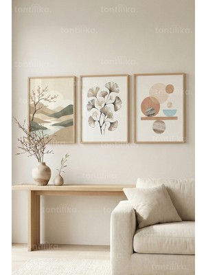 Tontilika Soft Nature & Abstract Harmony 3’lü Ahşap Çerçeveli Tablo Seti – Japandi Duvar Dekoru