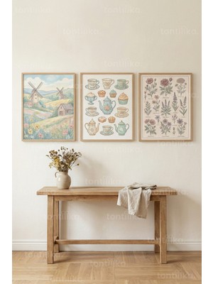 Tontilika Vintage Cottage Floral 3’lü Ahşap Çerçeveli Tablo Seti