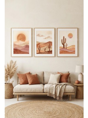 Tontilika Bohem Çöl Manzaraları ve Kaktüsler 3’lü Ahşap Çerçeveli Tablo Seti