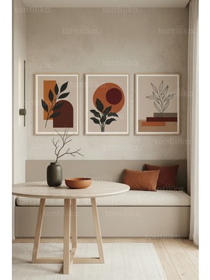 Tontilika Çağdaş Bitkisel Soyutlama 3’lü Ahşap Çerçeveli Tablo Seti