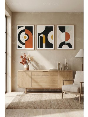 Tontilika Sıcak Tonlarda Modern Geometrik Soyut Sanat 3’lü Ahşap Çerçeveli Tablo Seti