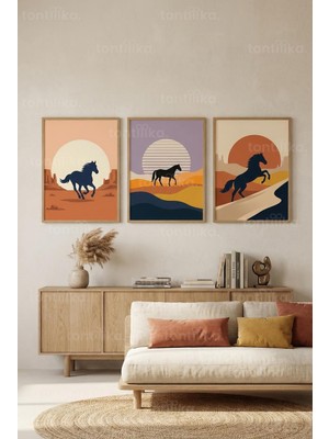Tontilika Minimalist At ve Gün Batımı Manzarası 3’lü Ahşap Çerçeveli Tablo Seti