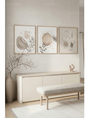 Tontilika Doğal Nötr Soyut Bitkisel Formlar 3’lü Ahşap Çerçeveli Tablo Seti
