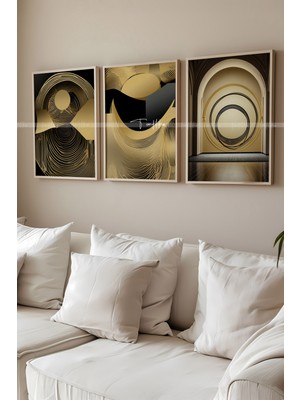 Tontilika Modern Altın Detaylı 3 Parçalı Ahşap Çerçeveli Tablo Seti