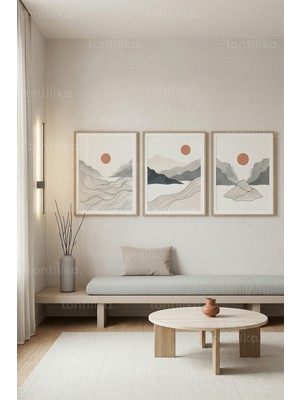 Tontilika Minimalist Soyut Doğa Manzaraları 3’lü Ahşap Çerçeveli Tablo Seti