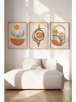 Tontilika Soyut Geometrik Minimal Çizgiler 3 Parçalı Ahşap Çerçeveli Tablo Seti