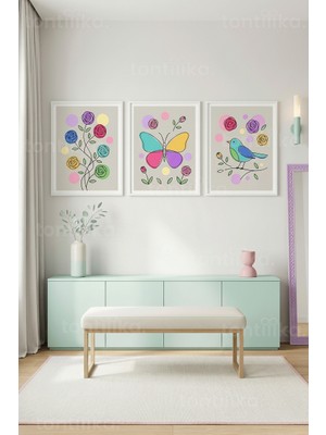Tontilika Neşeli Pastel Doğal Çizimler 3’lü Ahşap Çerçeveli Tablo Seti