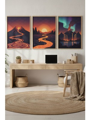 Tontilika Volkan ve Lav Manzaralı 3’lü Modern Ahşap Çerçeveli Tablo Seti - Çalışma Odası Dekoru