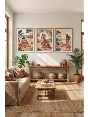 Tontilika Safari Temalı Leoparlı Tropikal Manzara 3’lü Ahşap Çerçeveli Tablo Seti