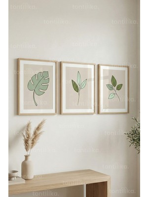Tontilika Minimal Bitki Yaprakları 3’lü Ahşap Çerçeveli Tablo Seti – Soft Doğal Duvar Dekoru