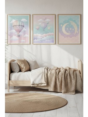 Tontilika Uçan Balon ve Ay Desenli 3’lü Modern Ahşap Çerçeveli Tablo Seti - Çocuk Odası Dekoru