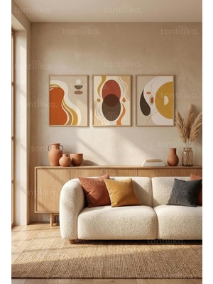 Tontilika Soyut Toprak Tonları ve Organik Formlar 3’lü Ahşap Çerçeveli Tablo Seti