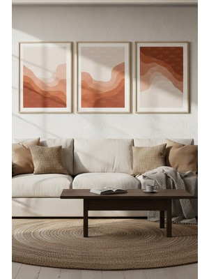 Tontilika Soyut Dalga Desenli 3’lü Ahşap Çerçeveli Tablo Seti - Modern Salon Dekoru