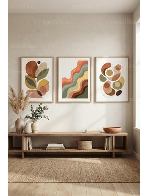 Tontilika Soyut Organik Formlar ve Doğal Renk Geçişleri 3’lü Ahşap Çerçeveli Tablo Seti