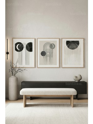 Tontilika Modern Soyut Geometrik Formlar 3’lü Ahşap Çerçeveli Tablo Seti