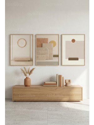 Tontilika Doğal Tonlarda Modern Minimalist Soyut Geometrik 3’lü Ahşap Çerçeveli Tablo Seti