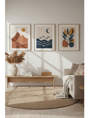 Tontilika Minimalist Doğa Illüstrasyonu 3’lü Ahşap Çerçeveli Tablo Seti
