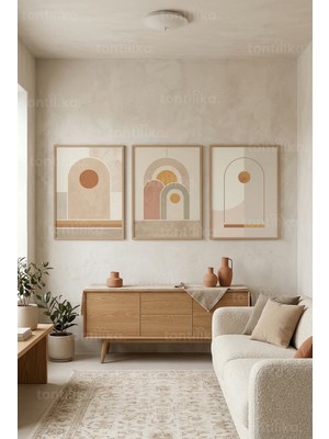 Tontilika Modern Bohem Soyut Geometrik Kemerler 3’lü Ahşap Çerçeveli Tablo Seti