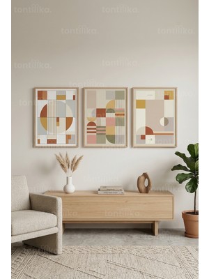 Tontilika Modern Geometrik Uyum 3’lü Ahşap Çerçeveli Tablo Seti