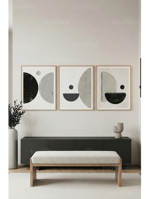 Tontilika Modern Geometrik Soyutlama 3’lü Ahşap Çerçeveli Tablo Seti