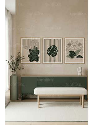 Tontilika Modern Botanik Geometrik Desenli 3’lü Ahşap Çerçeveli Tablo Seti