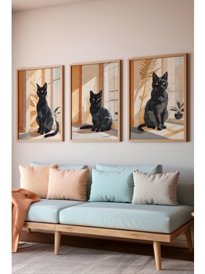 Tontilika Siyah Kedi 3 Parçalı Ahşap Çerçeveli Tablo Seti