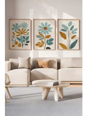 Tontilika Renkli Çiçek Desenli 3 Parçalı Ahşap Çerçeveli Tablo Seti