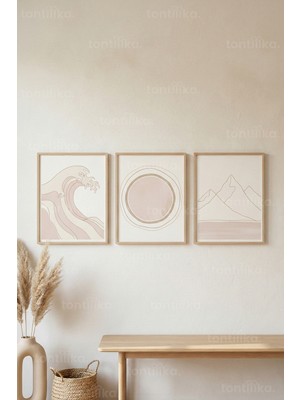 Tontilika Soft Dalga & Dağ 3’lü Ahşap Çerçeveli Tablo Seti – Minimal Japandi Duvar Dekoru