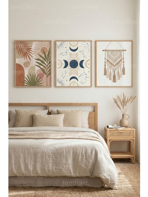 Tontilika Boho Spirit 3’lü Ahşap Çerçeveli Tablo Seti – Ay Fazları ve Doğal Duvar Dekoru