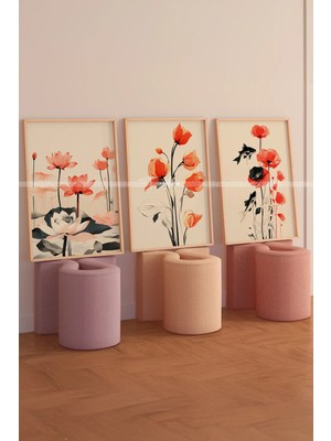 Tontilika Lotus ve Gelincik 3 Parçalı Ahşap Çerçeveli Tablo Seti