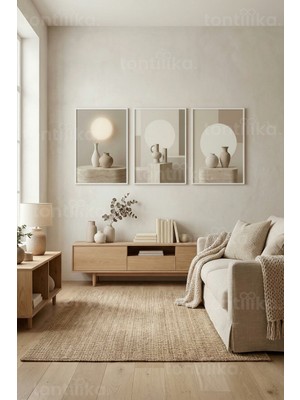 Tontilika Modern Nötr Tonlar ve Soyut Geometrik Formlar 3’lü Ahşap Çerçeveli Tablo Seti