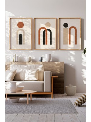 Tontilika Geometrik Minimalist Kemer ve Daireler 3 Parçalı Ahşap Çerçeveli Tablo Seti